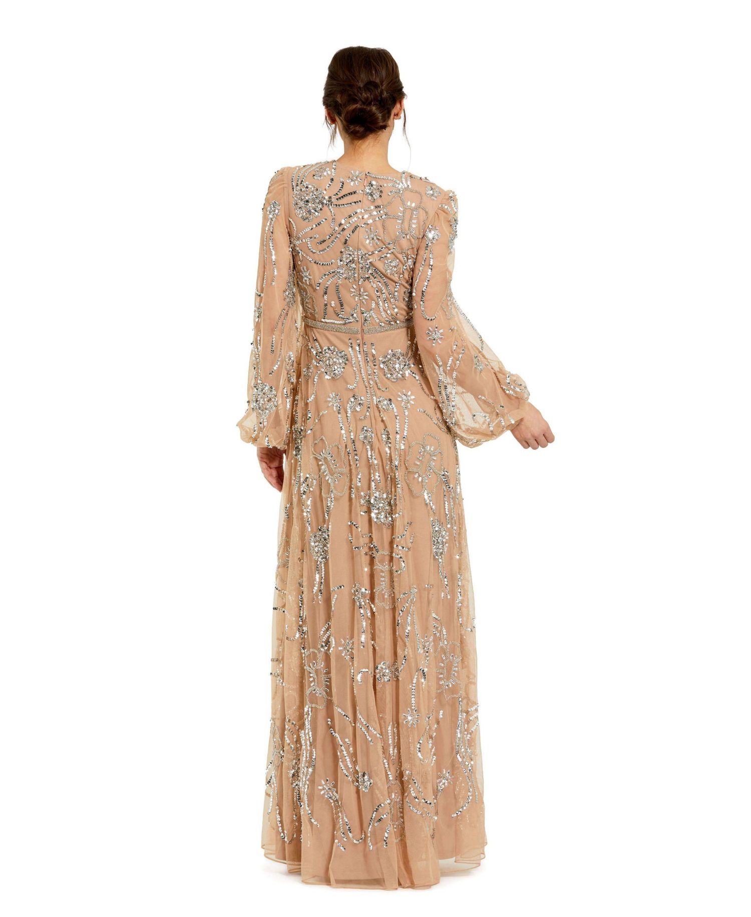 Women's Embellished High Neck Puff Sleeve Gown