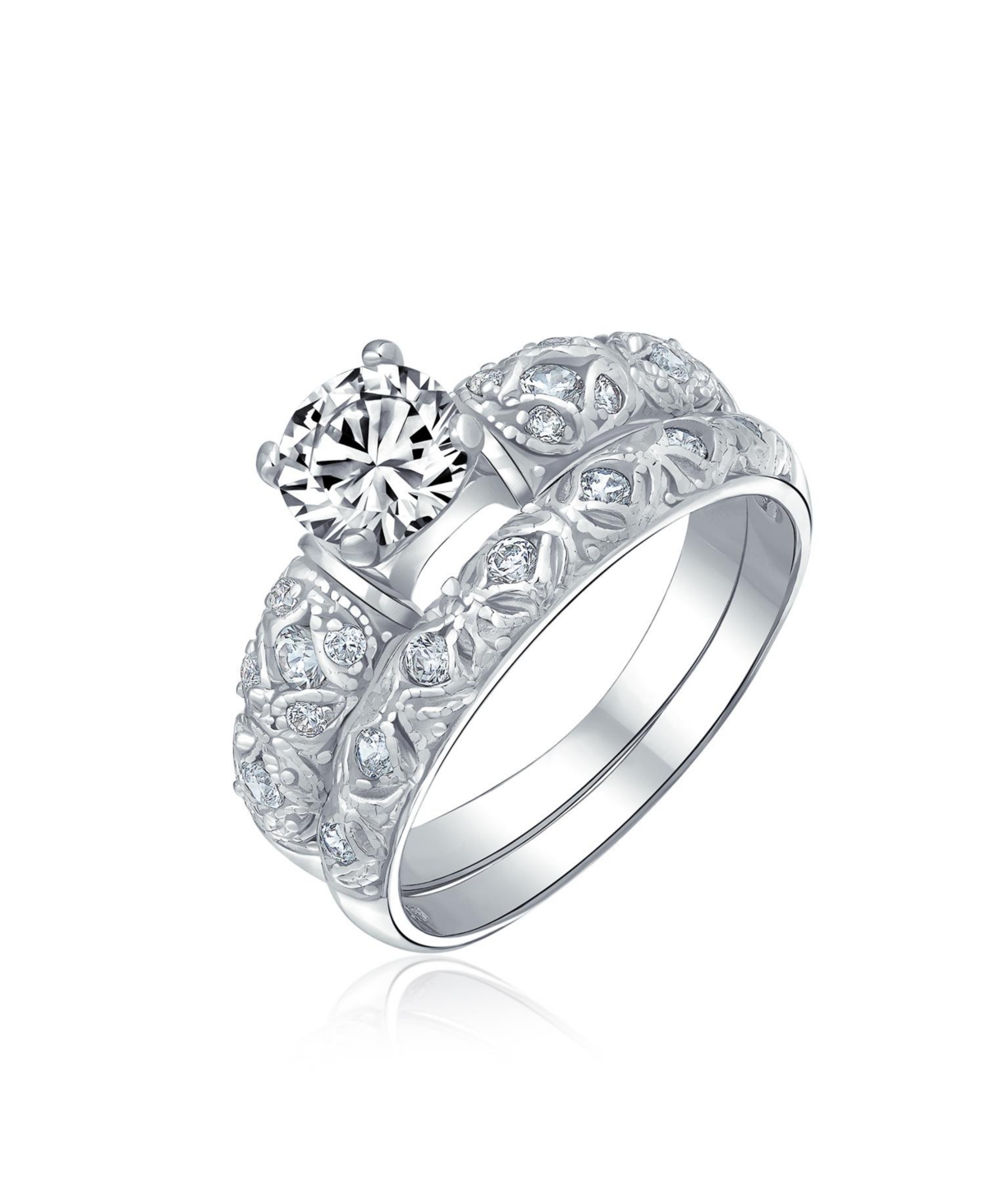 Bling Jewelry European Style 1CT Round Cz Solitaire Promise Ring Set with Filigree Band in Sterling Silver