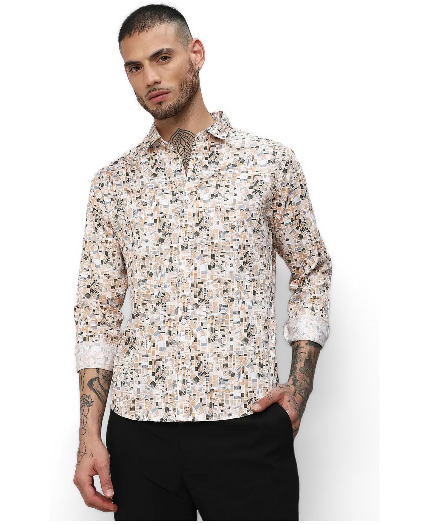 Мужская рубашка Cahoot Campus Sutra Abstract Print Button Up Cotton, цвет: Бежевый / Хаки — фото 2