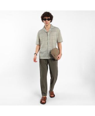 Men's Olive Green & Powder White Chevron-Striped Oversized Shirt