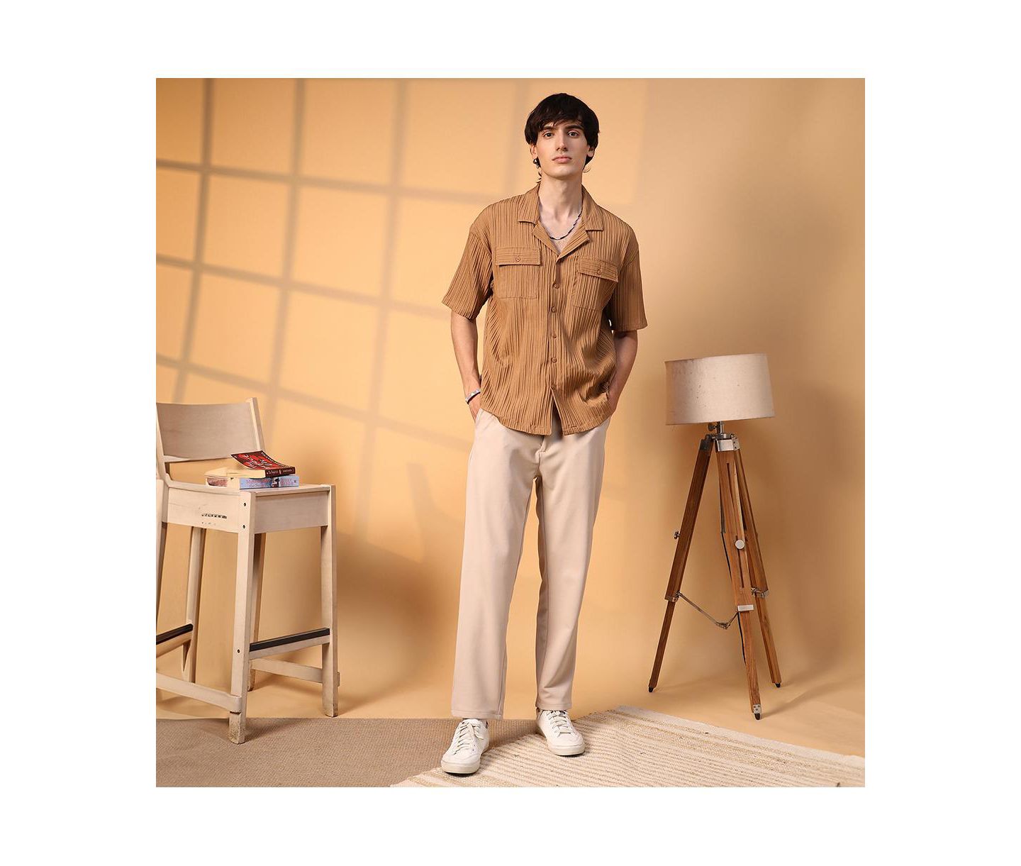 Мужская рубашка Cahoot Campus Sutra Camel Brown Tactile-Lined Oversized, цвет: Коричневый — фото 5