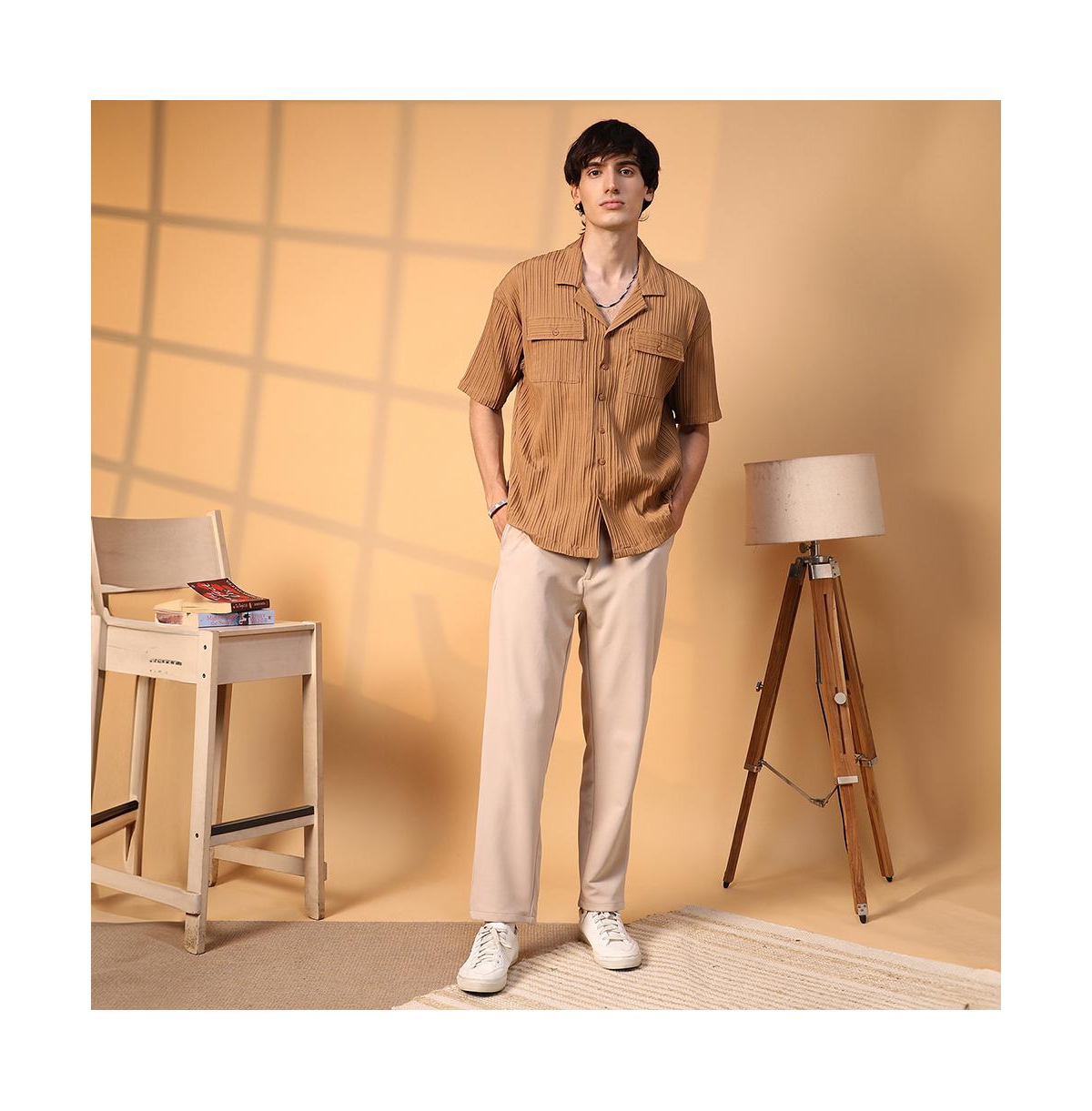 Campus Sutra Men's Camel Brown Tactile-Lined Oversized Shirt