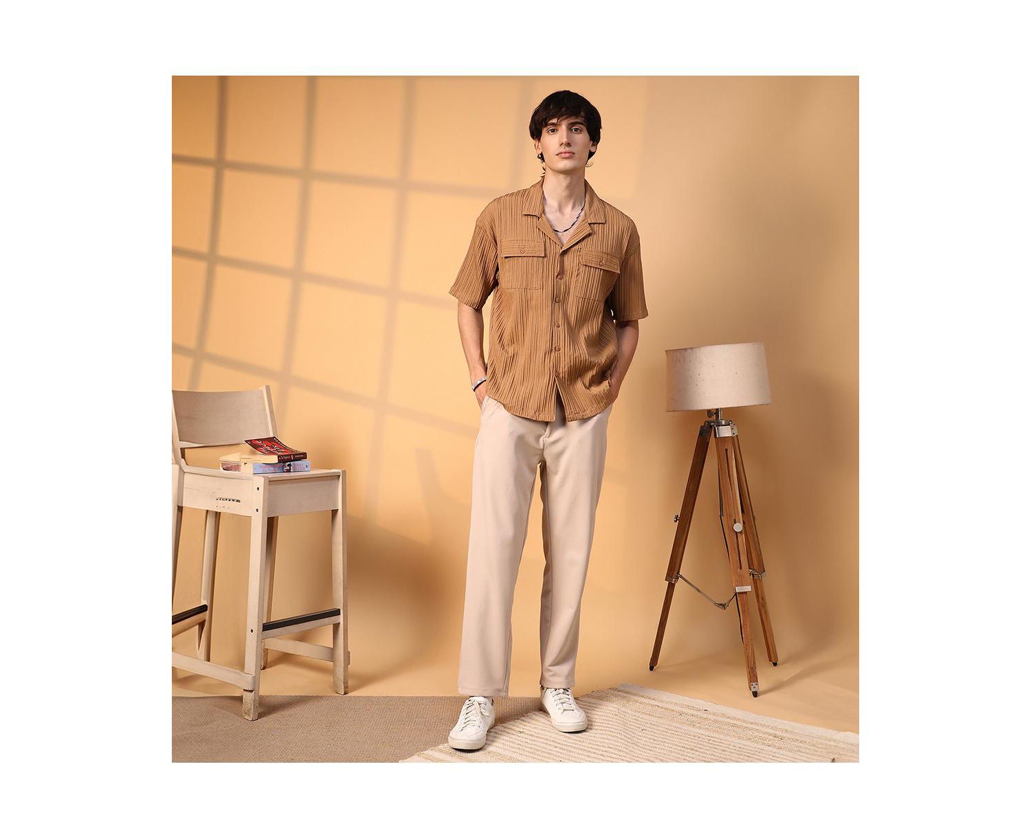Men's Camel Brown Tactile-Lined Oversized Shirt
