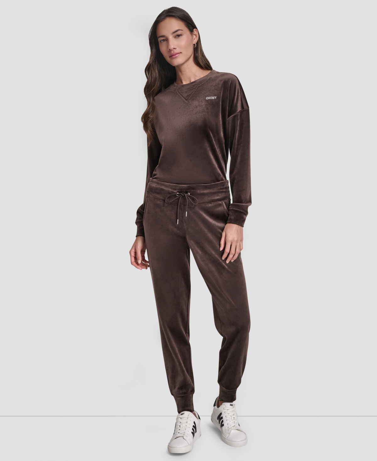 Dkny Women's Platinum Velour Rhinestone Logo Slim Fit Joggers