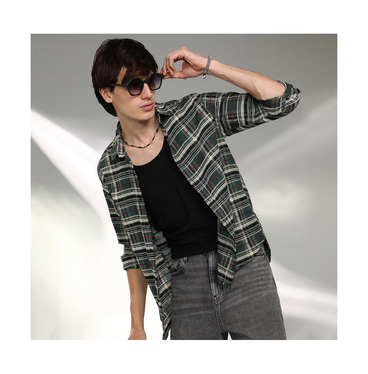 Campus Sutra Men's Pine Green Woven Plaid Shirt