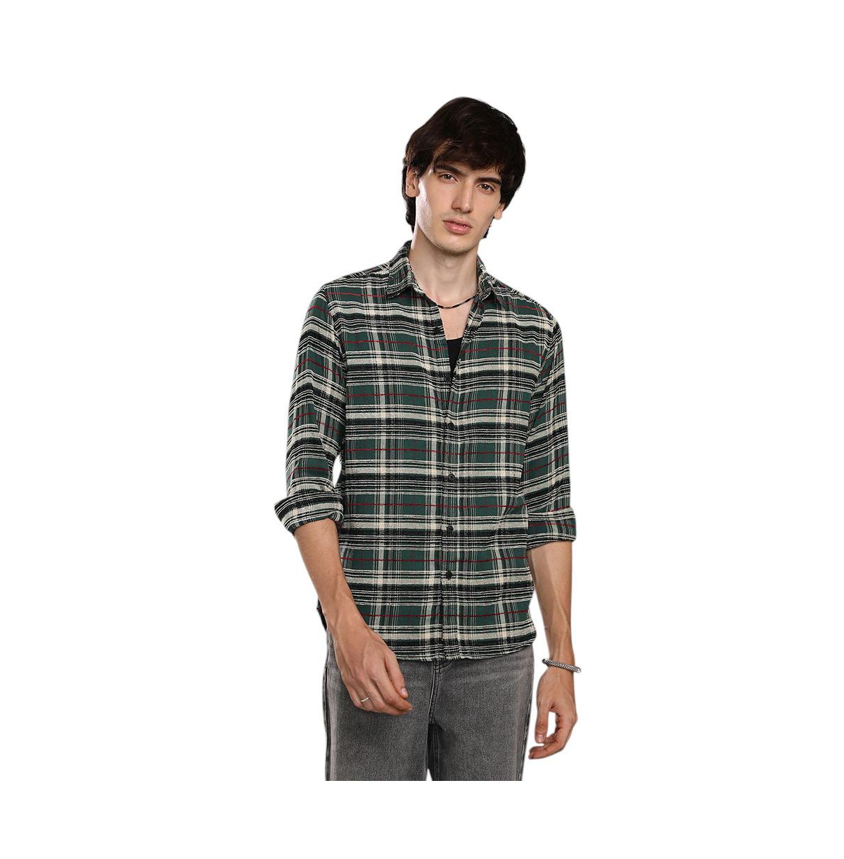 Campus Sutra Men's Pine Green Woven Plaid Shirt