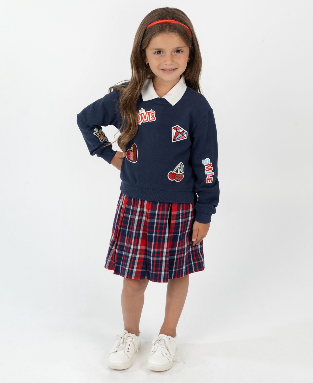 Rare Editions Little Girls Polo Collar & Plaid Skirt Dress With Patch-covered Sweatshirt, 2 Pc In Blue
