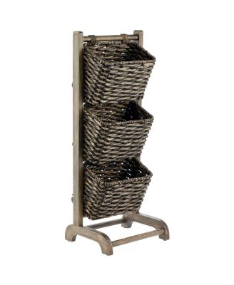 Water Hyacinth 3-Tiered Storage Baskets Floor Stand - Black/Black Wash