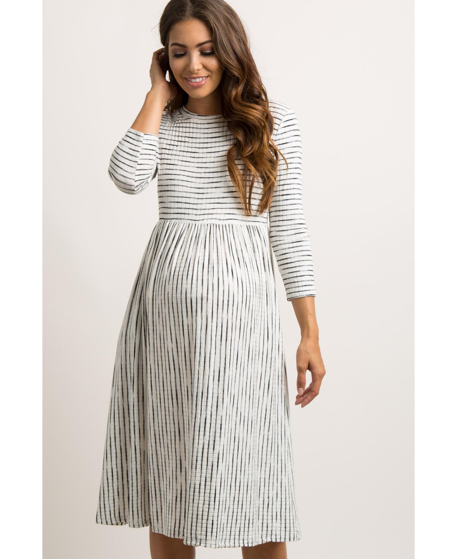 Women's Ivory Ribbed Striped Midi Dress