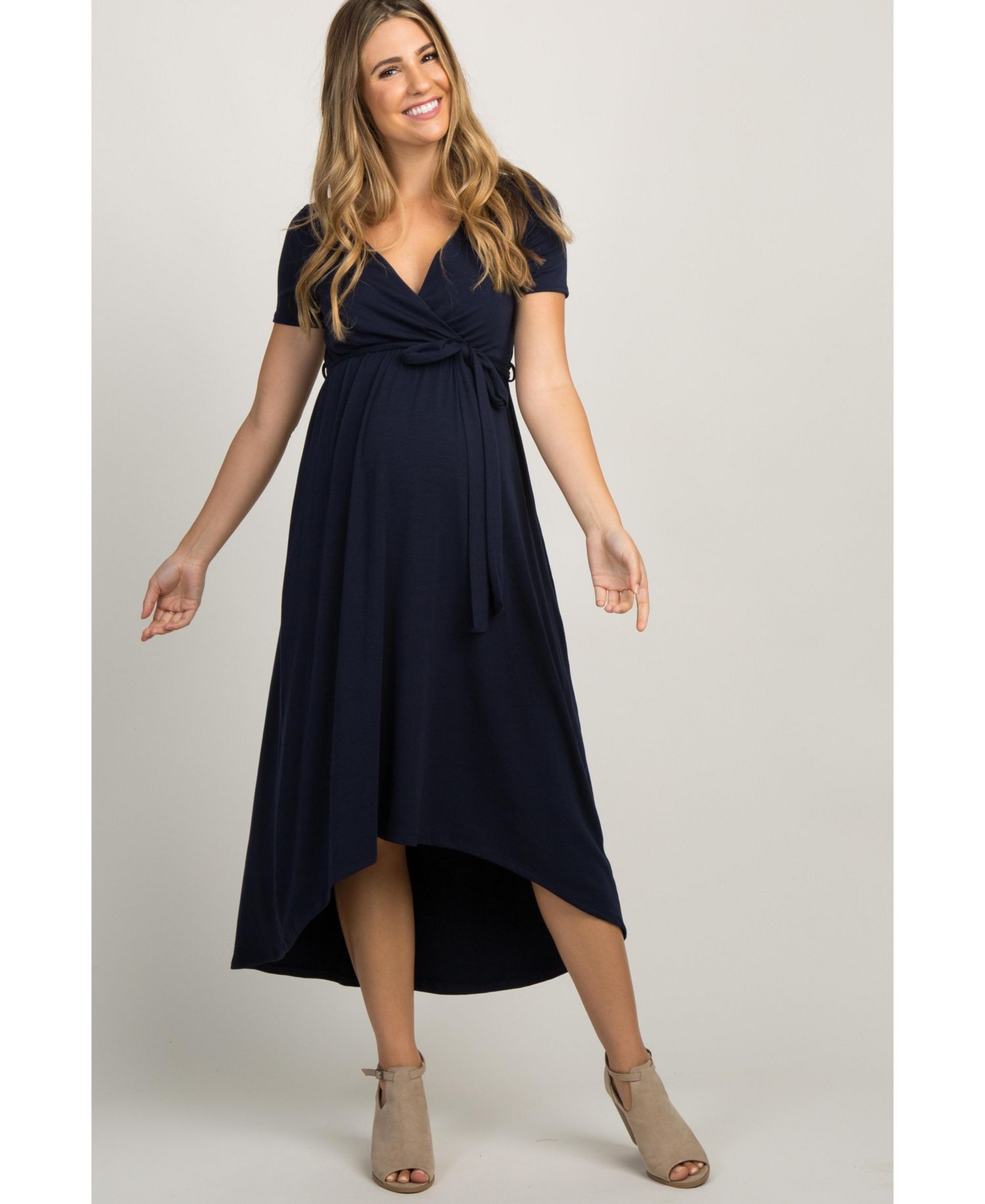 Women's Navy Blue Solid Hi-Low Wrap Dress