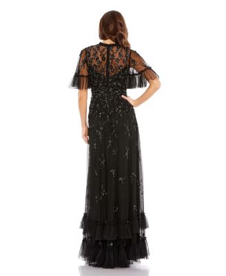 Women's Ruffled Floral Embellished Flutter Sleeve A-Line Gown