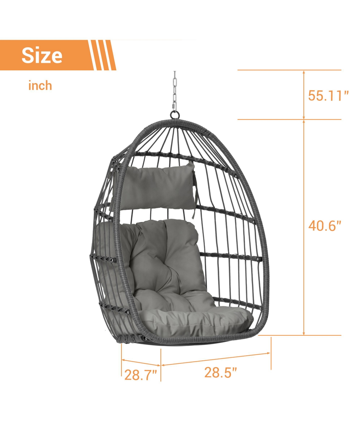 Flynama 55 Inch Dark Gray Rattan Egg Swing Chair with Stand and Deep Gray Cushion