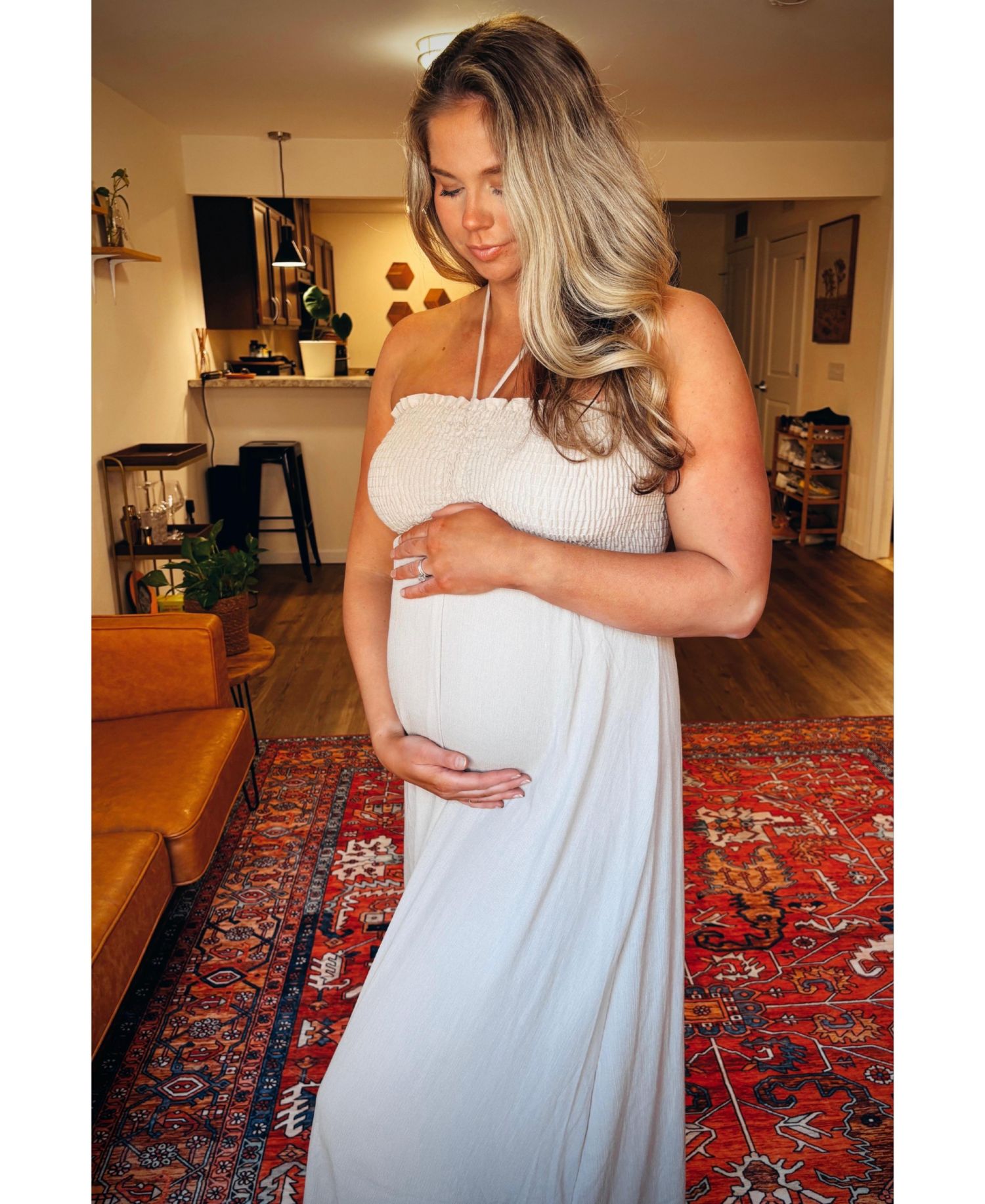 Women's Beige Smocked Halter Maxi Dress