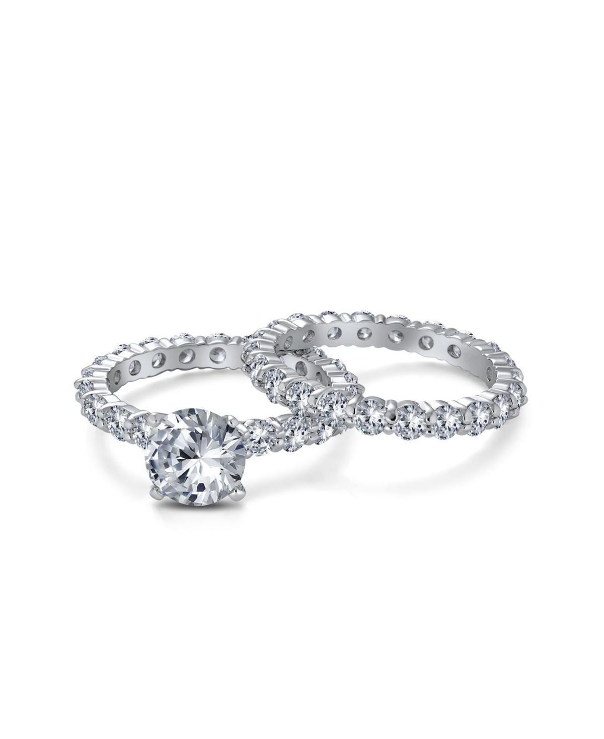 Bling Jewelry Sterling Silver 3CT Round Cz Solitaire & Cubic Zirconia Pave Eternity Band Ring Set – 6-Prong Design