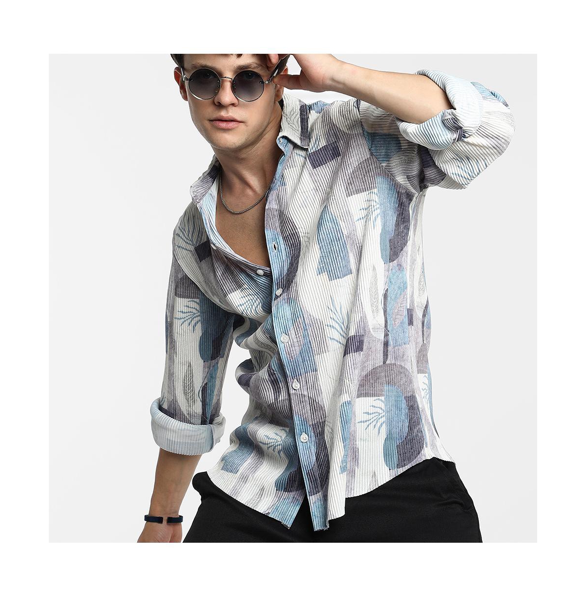 Campus Sutra Men's Icy Blue & Ivory White Twig-Block Shirt