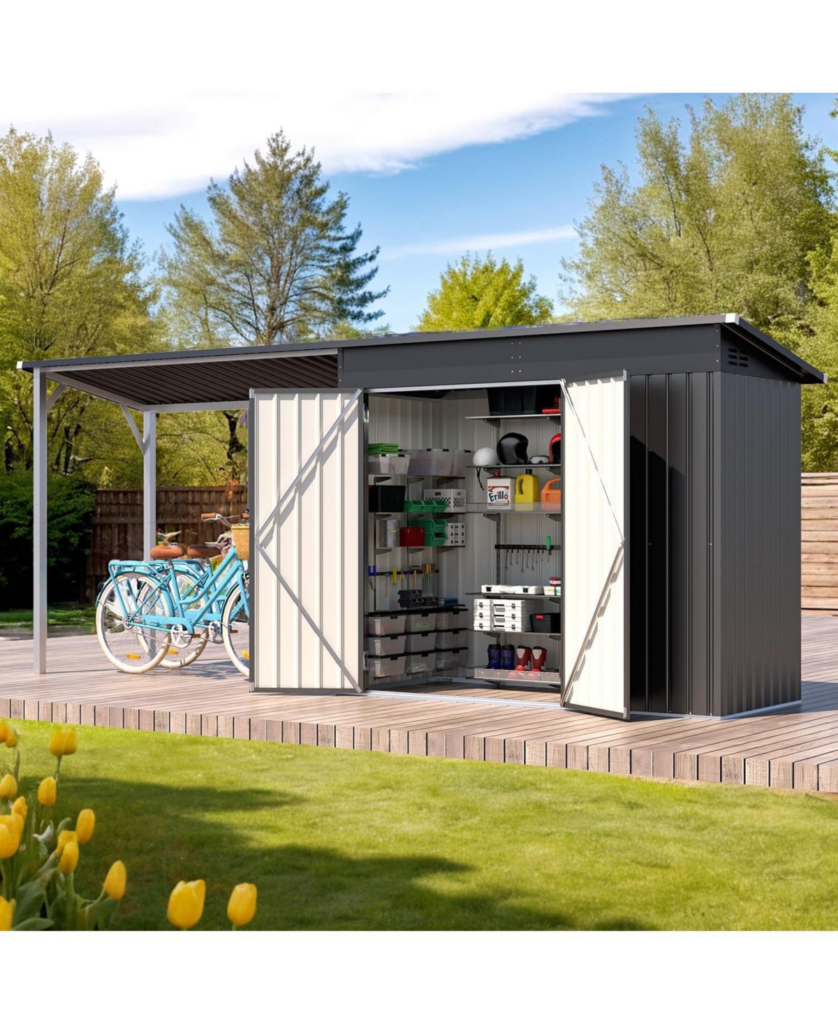 Aecojoy 4'x14' Outdoor Open-Sided Storage Shed with Attached Hardtop Metal Pergola