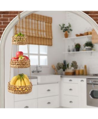 3-Tier Hanging Fruit Basket Set, Natural Water Hyacinth Storage Baskets for Produce, Herbs, Plants, Boho Kitchen Pantry Storage Organizer