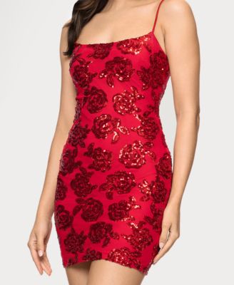 Juniors' Short Sequined Party Square Neck Dress