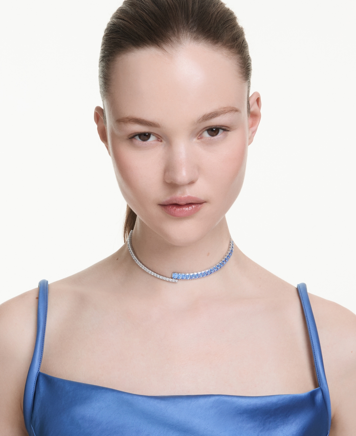 Swarovski Matrix Rhodium Plated Choker Necklace In Blue