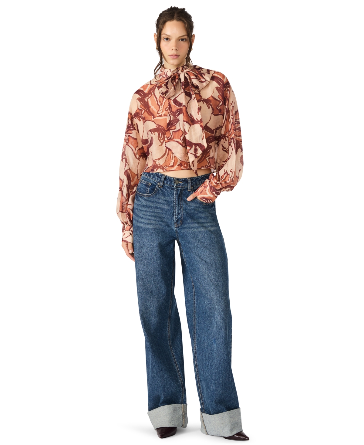 Steve Madden Sutton Equestrian Print Tie Neck Top In Brown