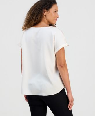 Petite Hammered Satin Button-Trim Blouse