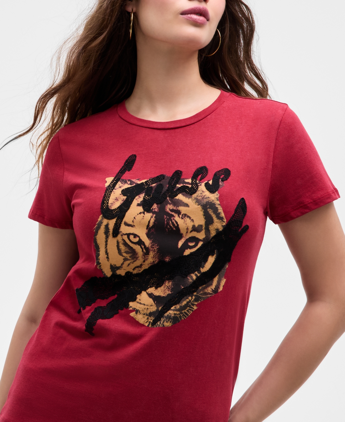 Guess Women's Cotton Tiger-graphic Lace-trim T-shirt In Red