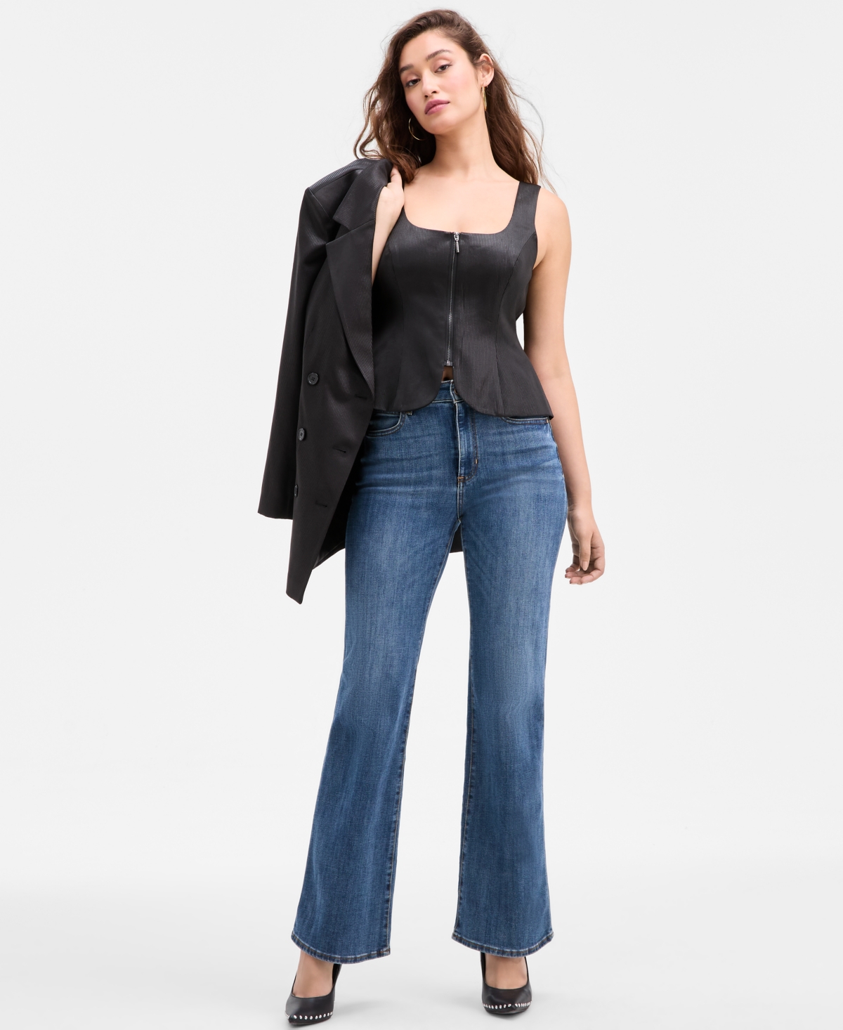 Guess Jemma Peplum-hem Zippered Vest In Black