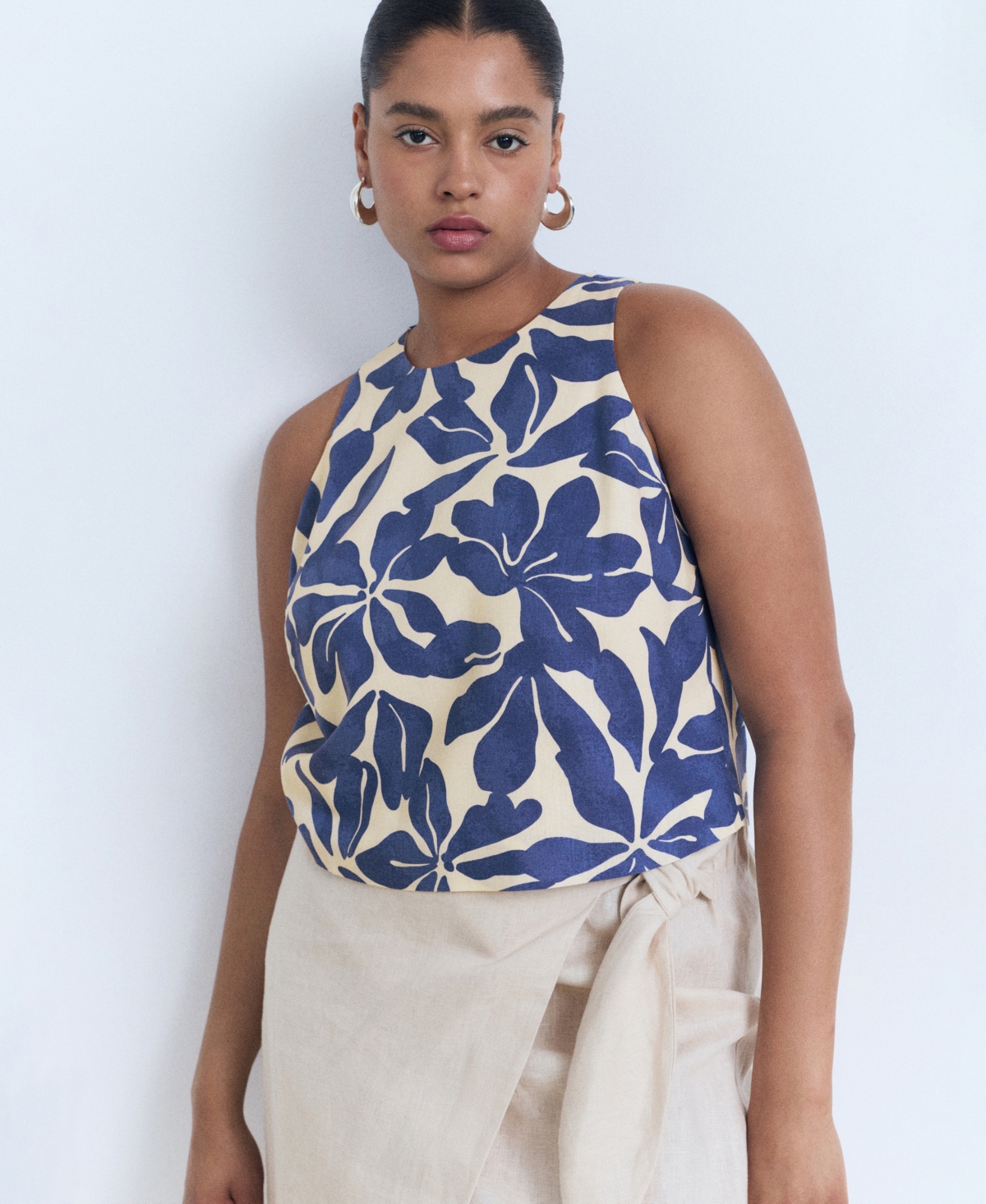 Mango Women's Printed Linen-blend Top In Blue