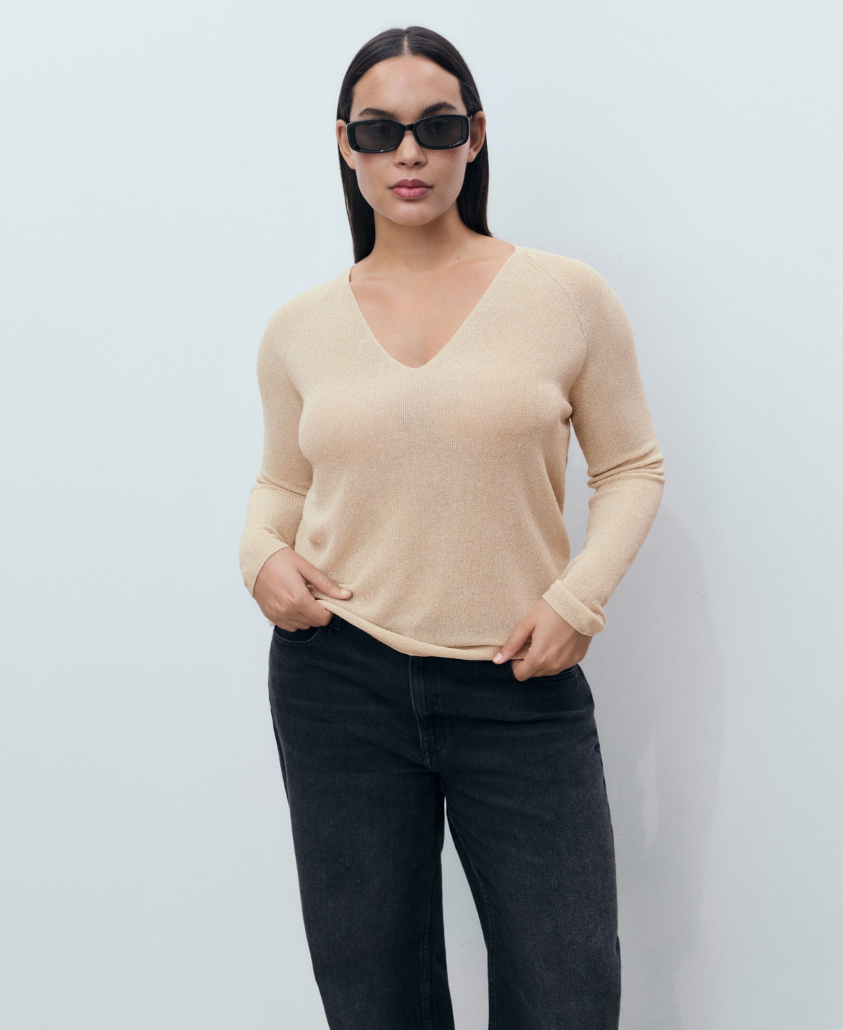 Mango Metallic V-neck Sweater In Neutral