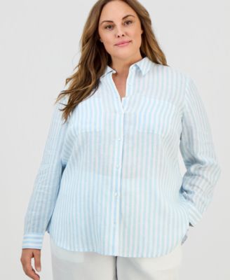 Charter Club - Plus Size 100% Linen Striped Button-Front Shirt