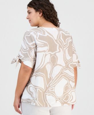 Plus Size Linen Tie-Sleeve Printed Top, Macy's Exclusive