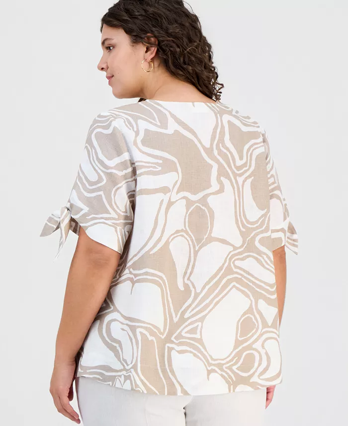 Plus Size Linen Tie-Sleeve Printed Top - thumbnail 2