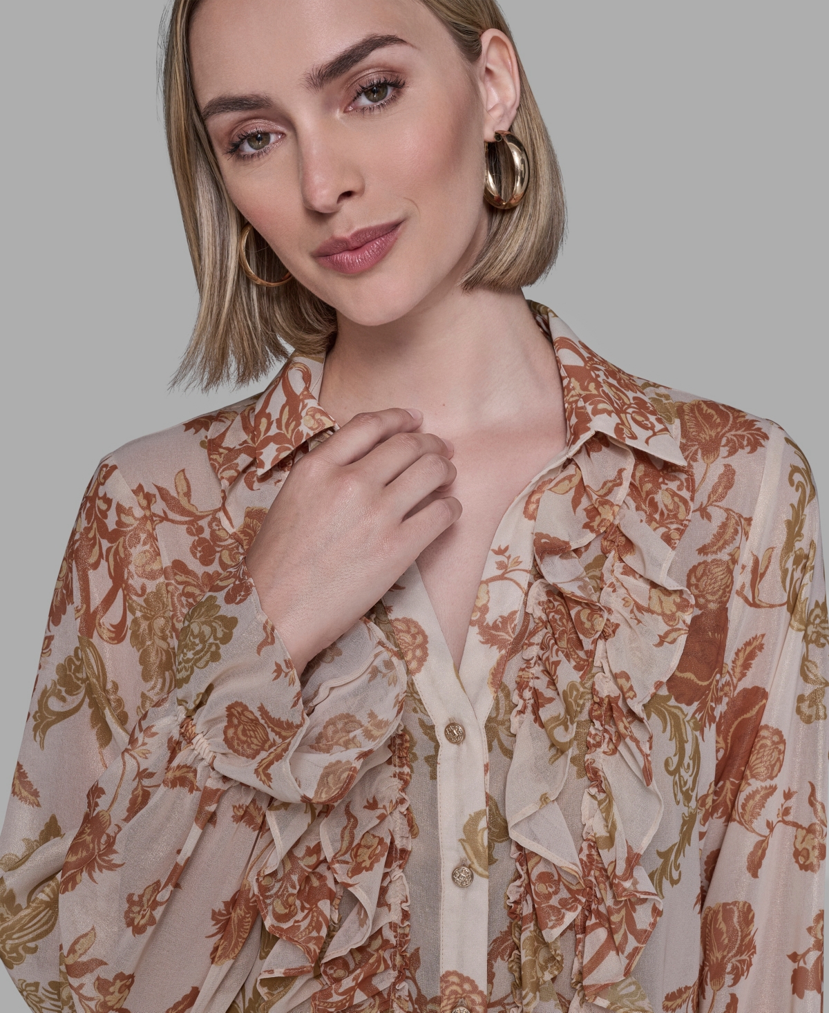 Karl Lagerfeld Women's Printed Ruffled Long Sleeves Blouse In Brown