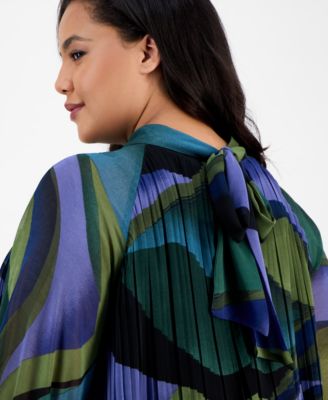 Plus Size Printed Pleated Blouson-Sleeve Shift Dress