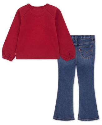Little Girls 2-Piece Ruched Crewneck Top and Flared Jeans Set