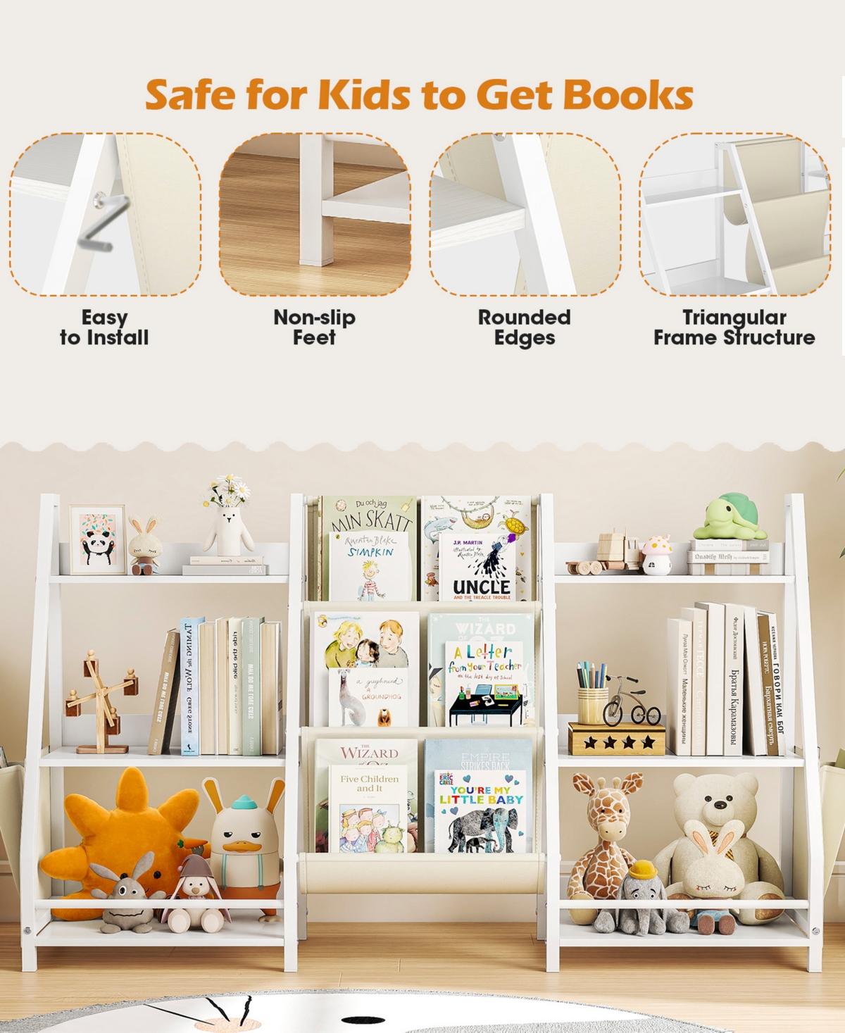 2-in-1 Kids Bookshelf and Toy Storage Organizer with Fabric Bins