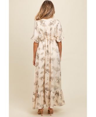 Maternity Cream Floral Chiffon Ruffle Accent Maxi Dress
