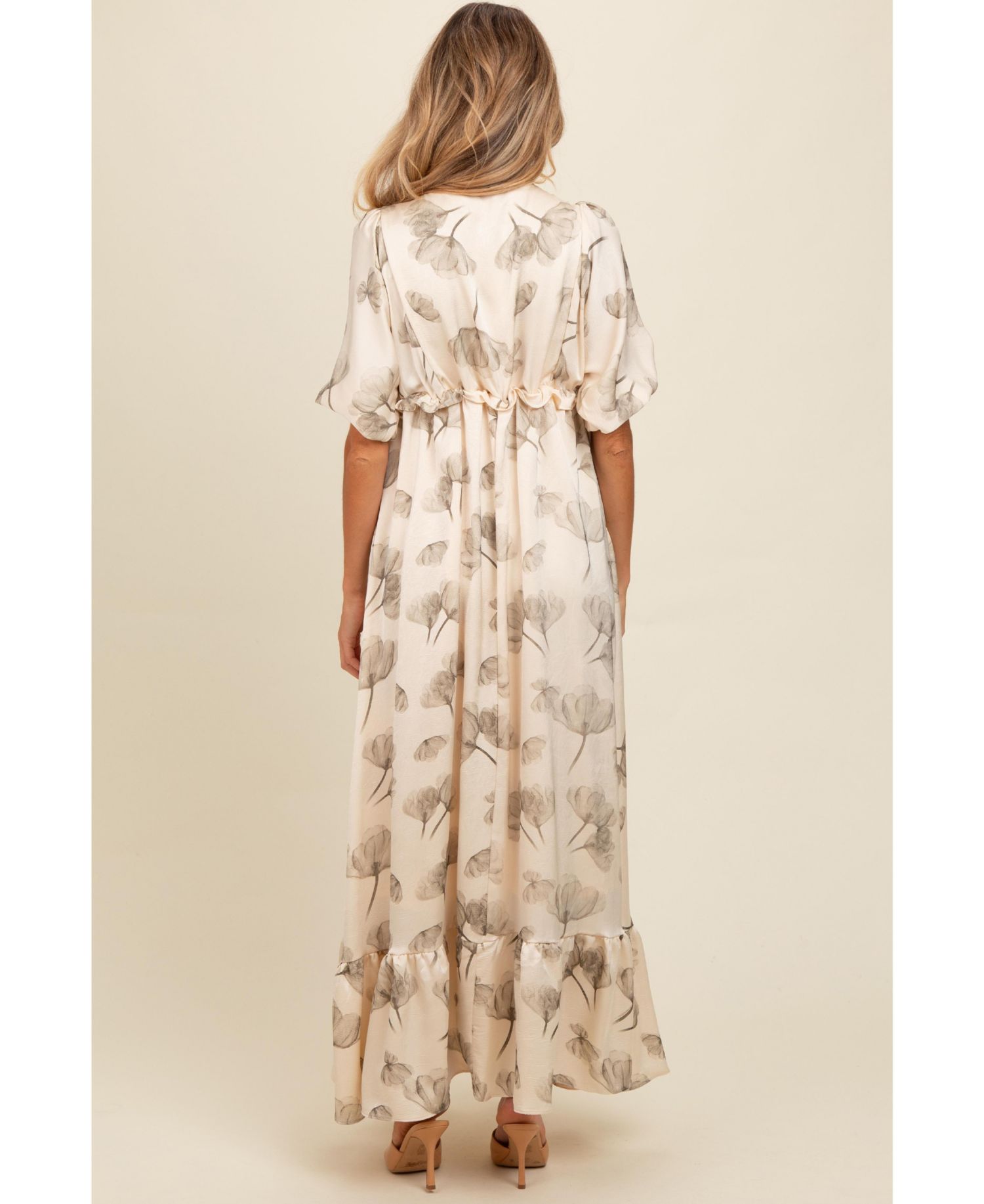 Women's Cream Floral Chiffon Ruffle Accent Maxi Dress