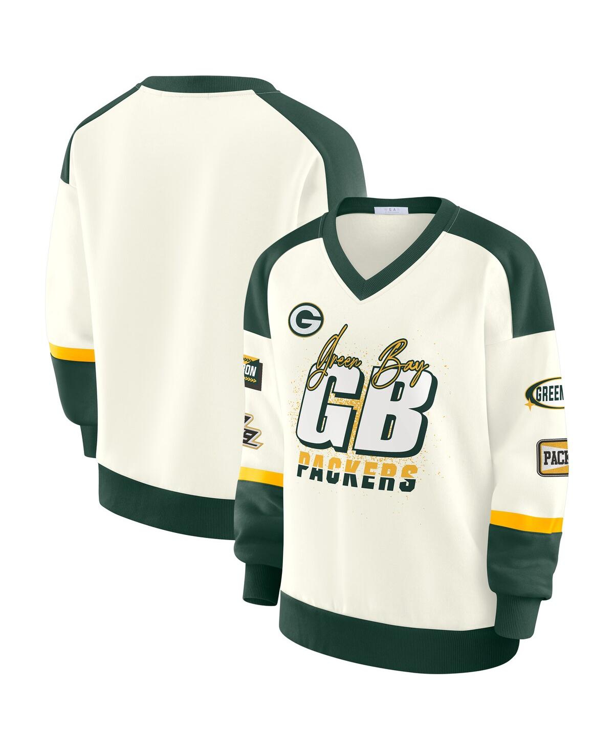 Wear by Erin Andrews Women's Cream Green Bay Packers Racing Crew V-Neck Sweatshirt