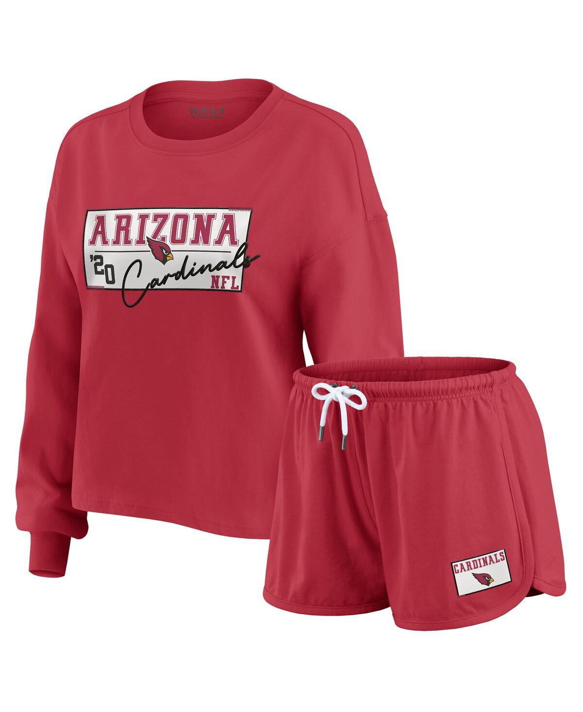 Wear By Erin Andrews Women's Cardinal Arizona Cardinals Heavy Rugby Jersey Long Sleeve T-shirt Shorts Lounge Set In Red