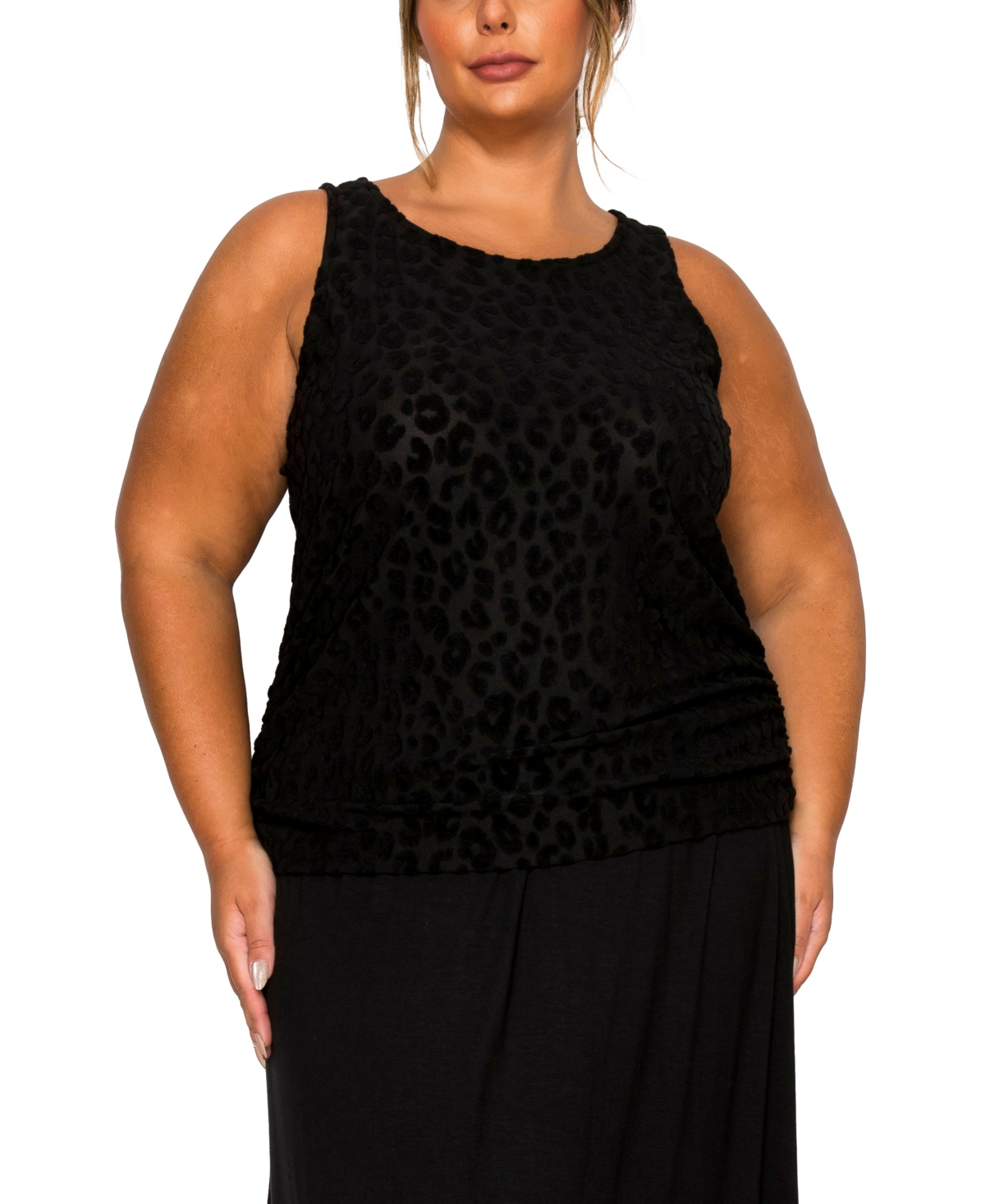 Coin 1804 Plus Size Cheetah Burnout Side Ruched Tank Top In Black