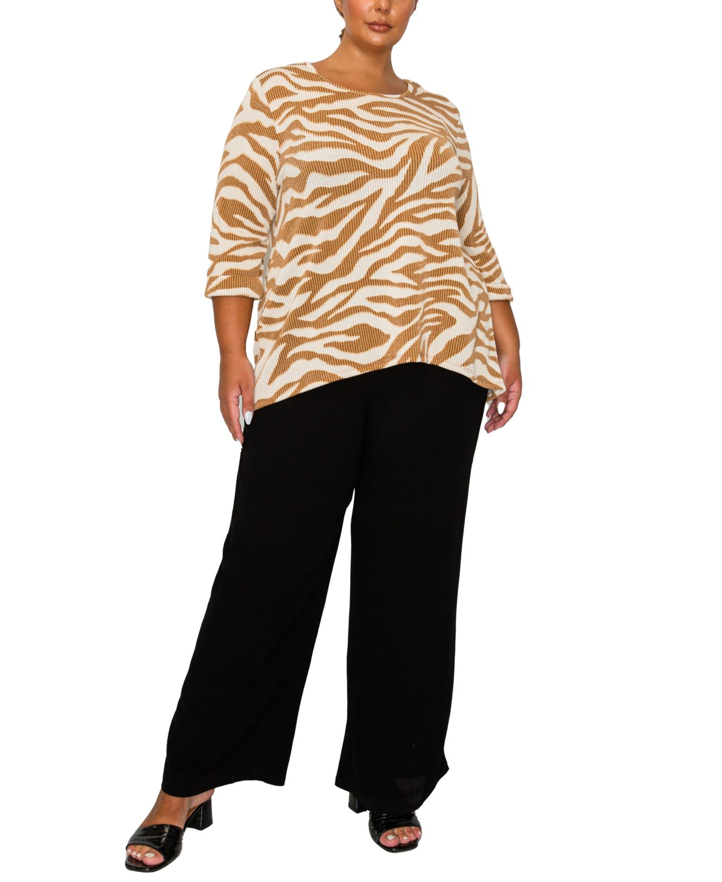 Женский топ COIN 1804 Plus Size Textured Zebra Button Back, цвет: Верблюжий / Кремовый — фото 2