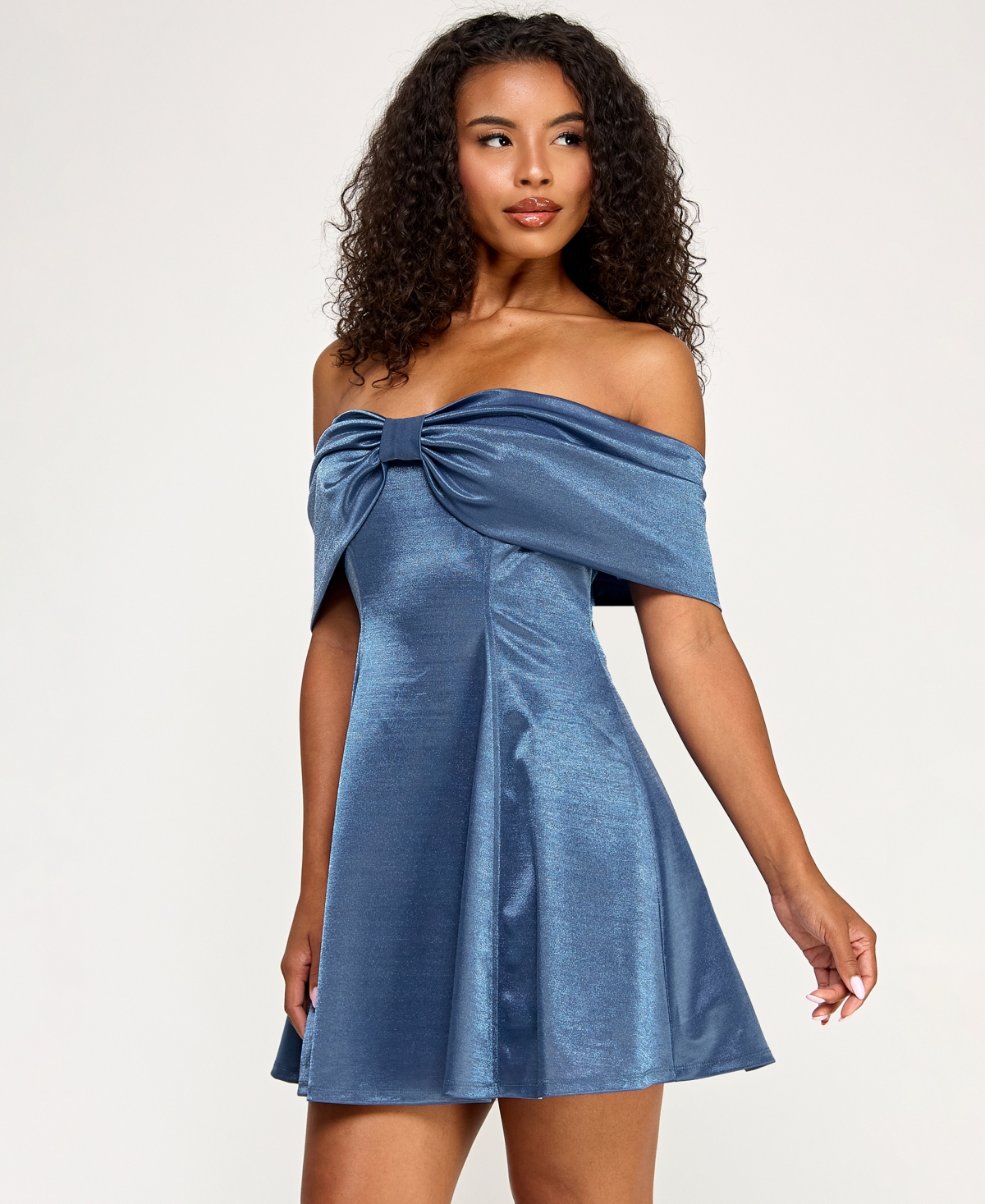 Seni & Cade Juniors' Shimmer Off-the-shoulder Bow Front Dress In Blue