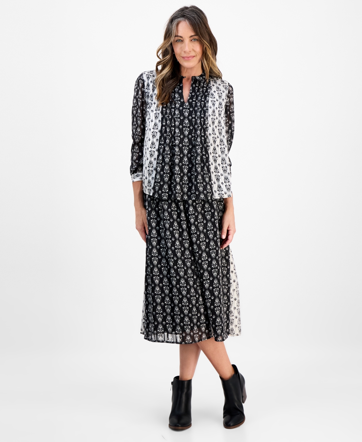 Style & Co Petite Damask Shine Pintucked Top, Macy's Exclusive
