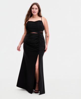 Emerald Sundae - Trendy Plus Size Illusion-Midriff Square-Neck Gown