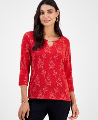 Macy's - Petite Leafy-Floral Shine Party Jacquard Top