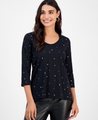 Petite Cotton Scoop-Neck Rhinestone 3/4-Sleeve Top, Macy's Exclusive 