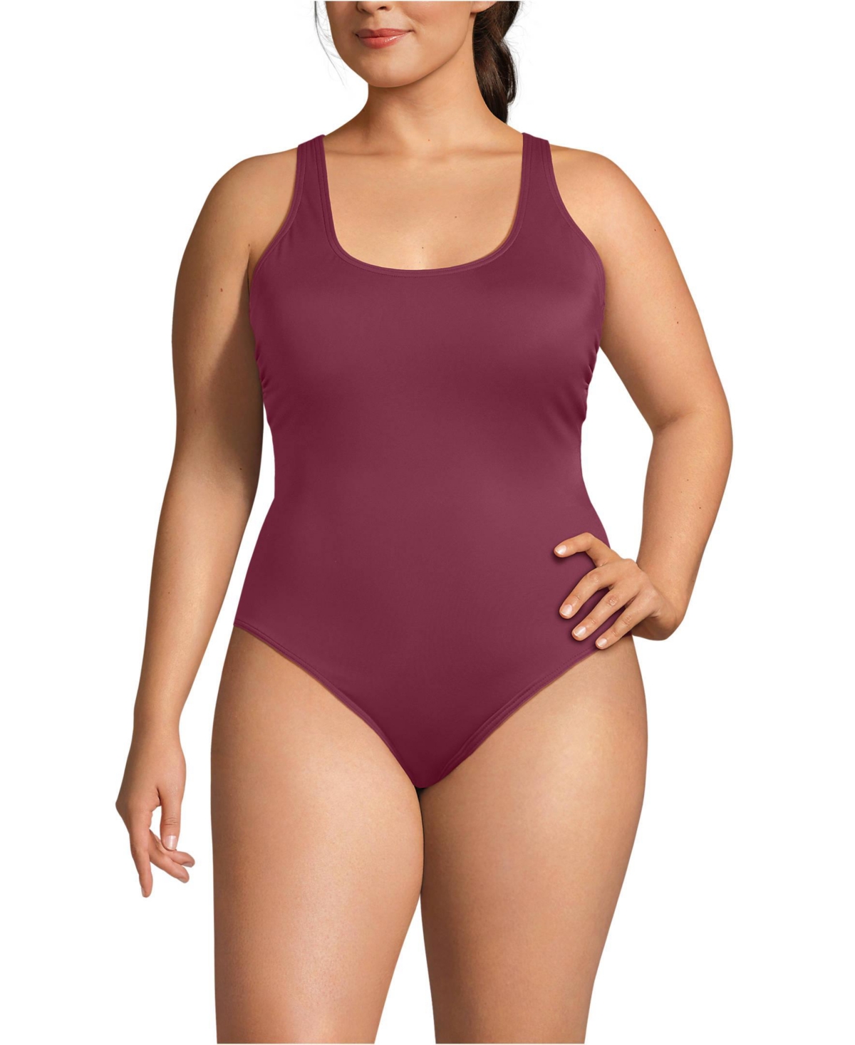 Lands' End Plus Size Tugless X-Back One Piece Swimsuit - Burgundy spritz