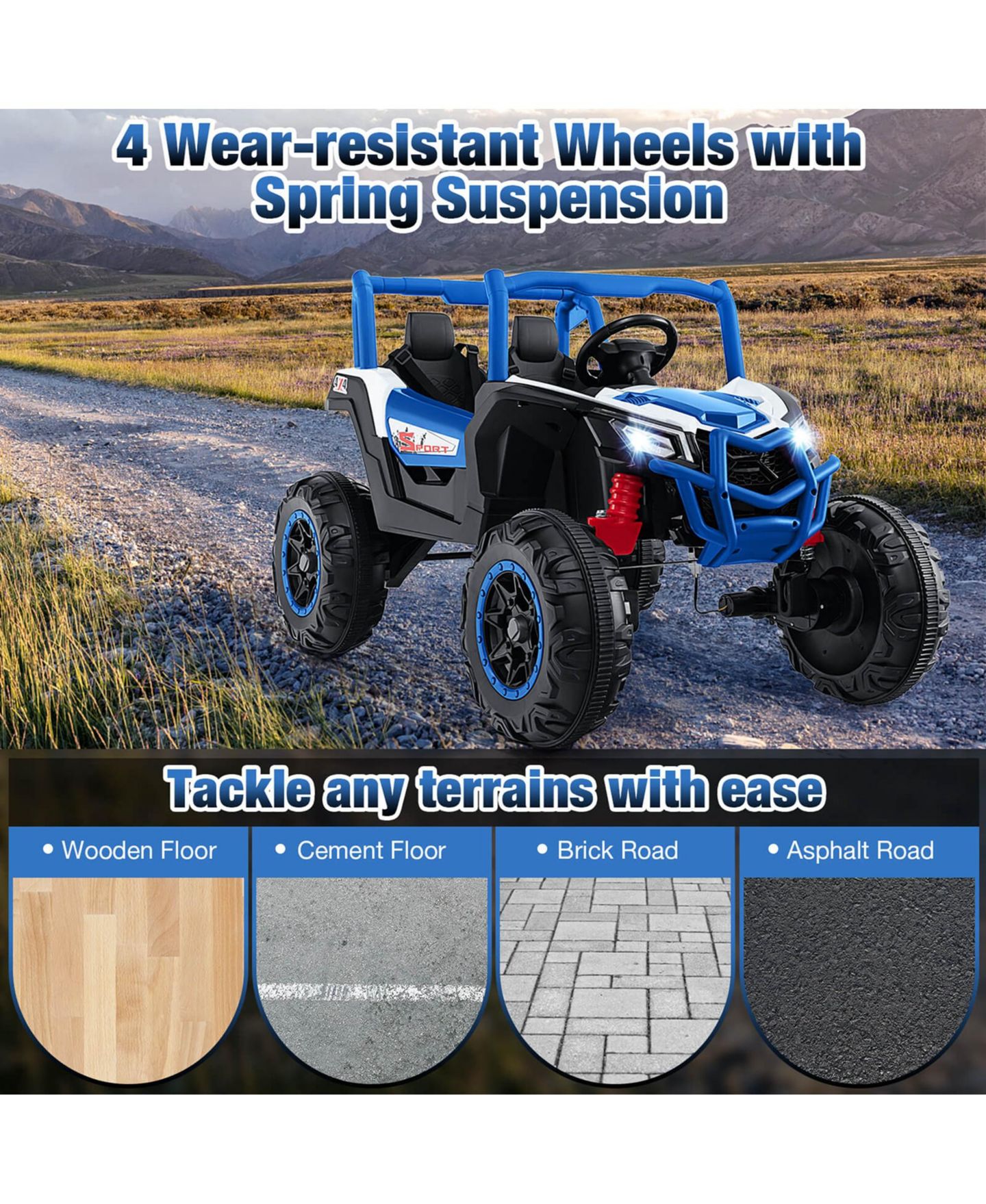 Детская игрушка Costway 24V 2-Seater Ride On UTV, 4 x 100W Engine, 4WD/2WD Switchable, Remote Control, For Up to 2 Players, от 3 лет, цвет: Синий — фото 10