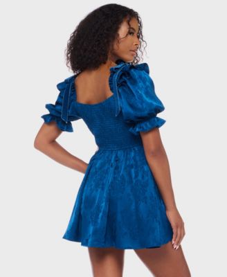 Juniors' Puff Sleeve Pleated Short Dress